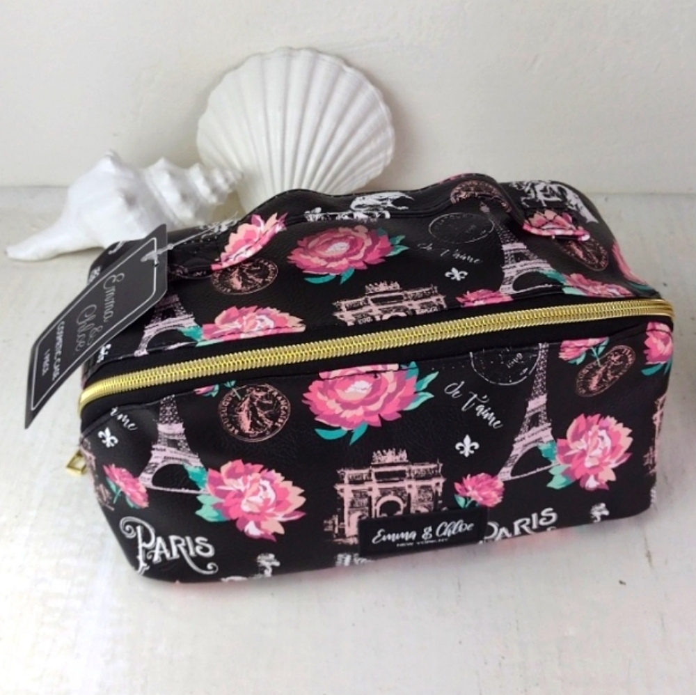 Emma & Chloe Black & Pink Floral & Paris Themed Women's Make-up Bag NWT - Picture 10 of 13